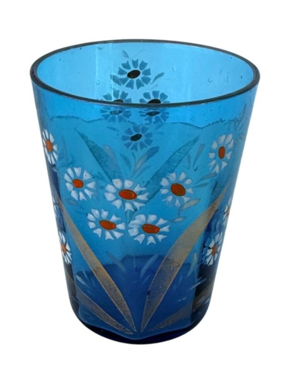 Vintage Enamel Hand‑Painted blue Glass Tumbler White Daisy Floral Design